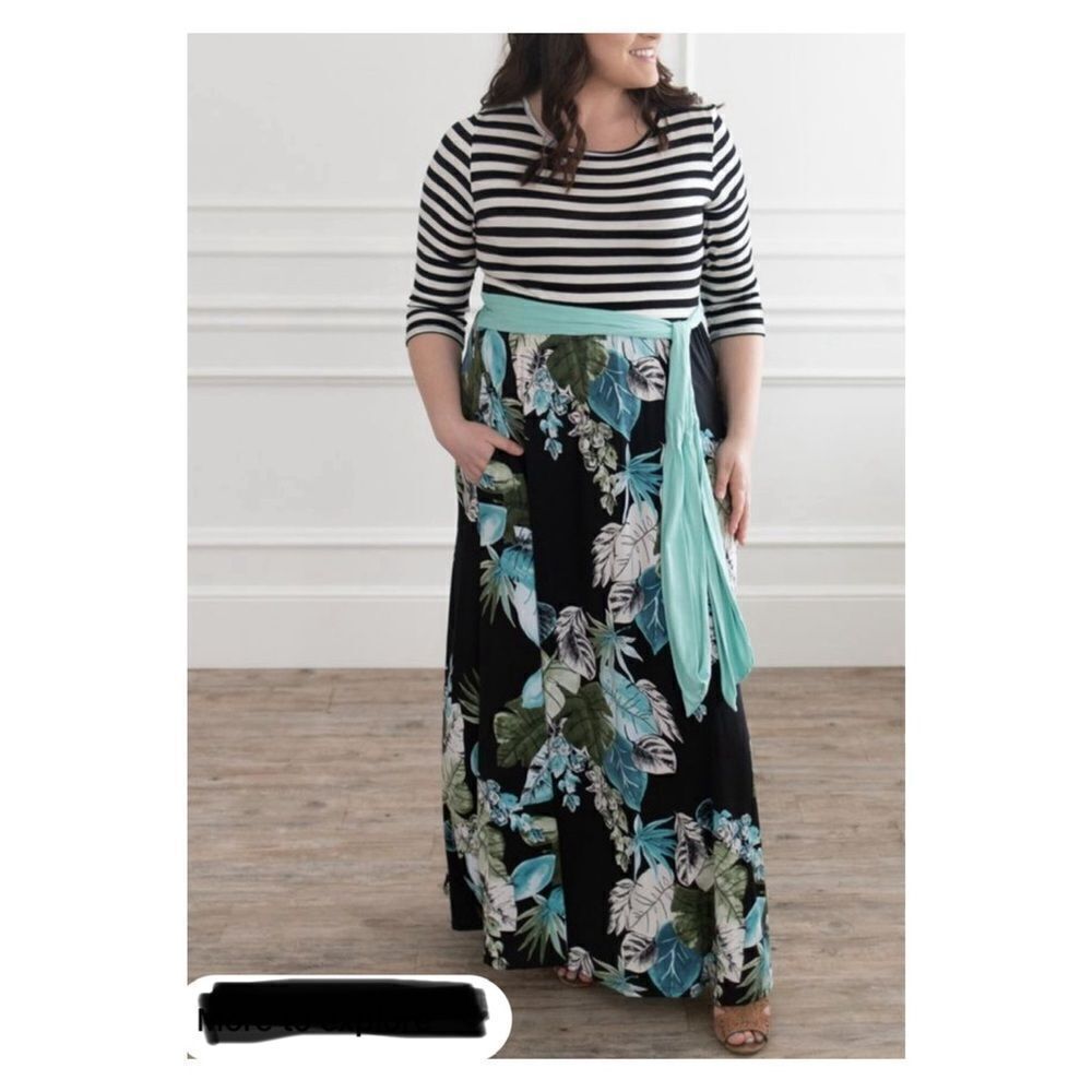 Egy Womens 1XL Stripe Floral Maxi Swing Dress